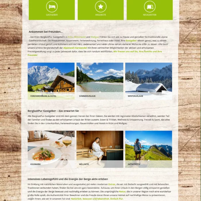 Webdesign fuer Tourismusportal BerglustPur - Design der Startseite