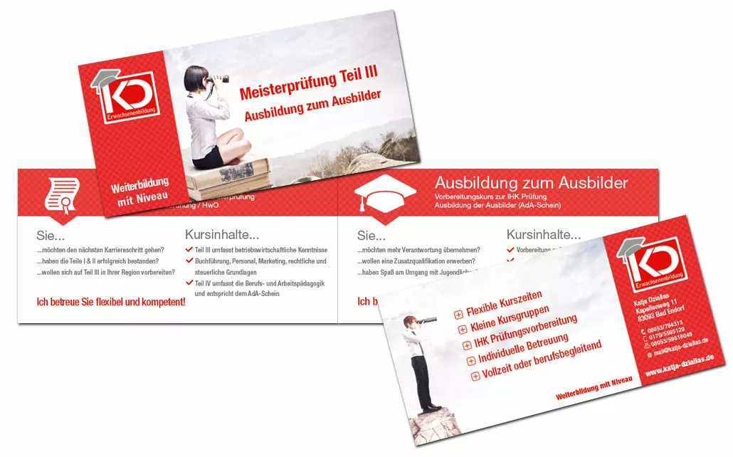 Flyer für Katja Dziallas - Erwachsenenbildung. 4 seitig im Querformat - doppelseitig bedruckt