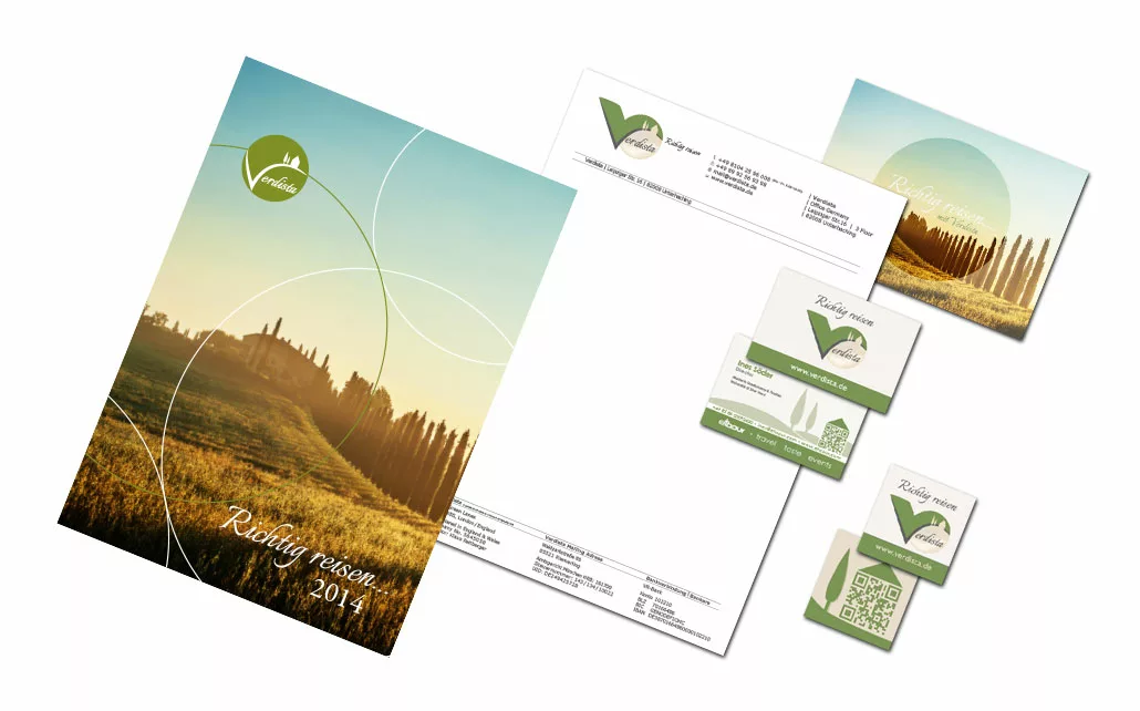Geschäftsausstattung verdista - Reiseunternehmen - Katalog, Briefpapier, Visitenkarten, Postkarte, QR-Code